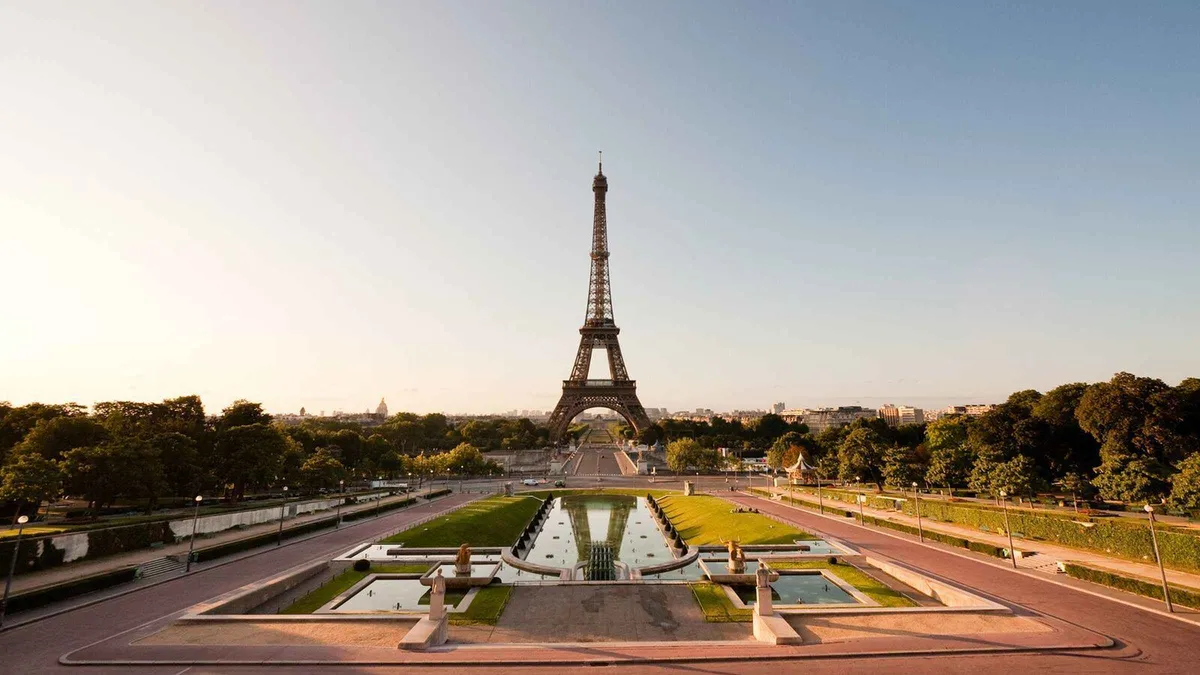 Eiffel Tower seen from the Seine on a Paris day trip by train from London, England