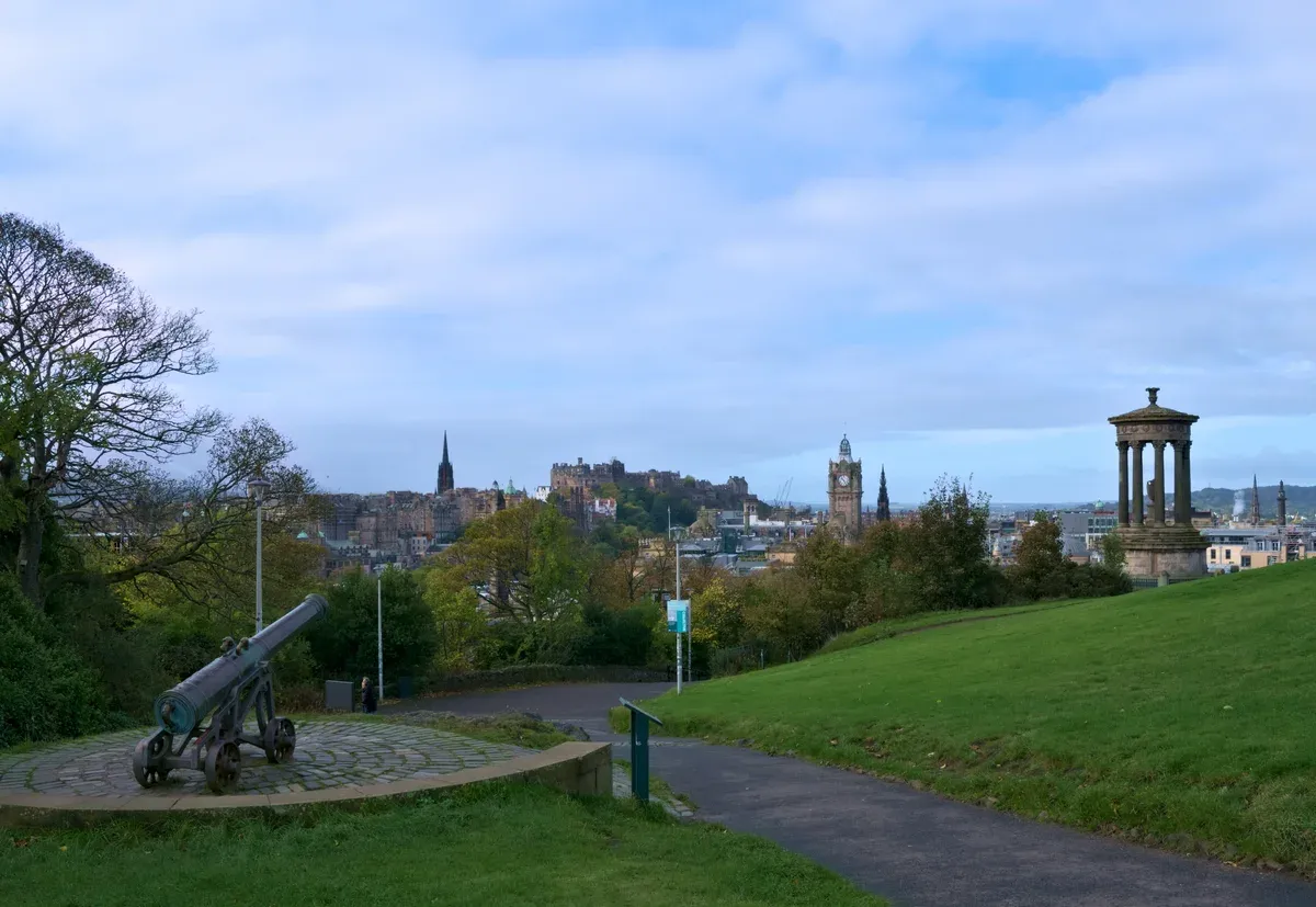 View of Edinburgh Castle and the Old Town from Calton Hill on a day trip from London to Edinburgh