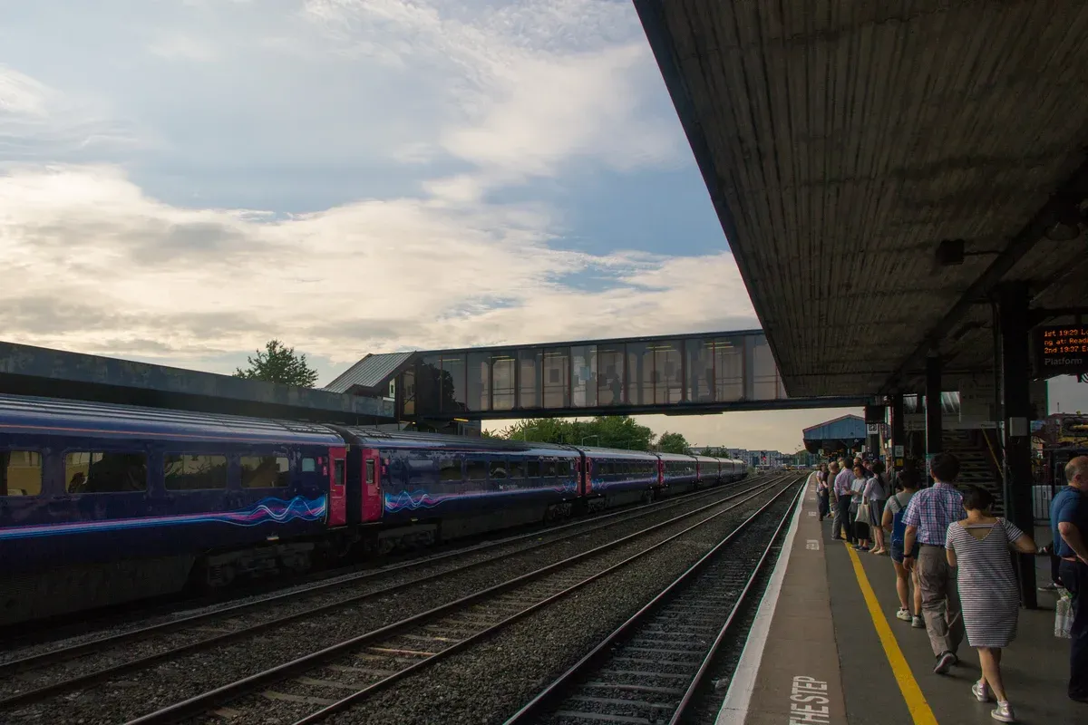 Train at a platform of Oxford railway station on a train day trip from London to Oxford