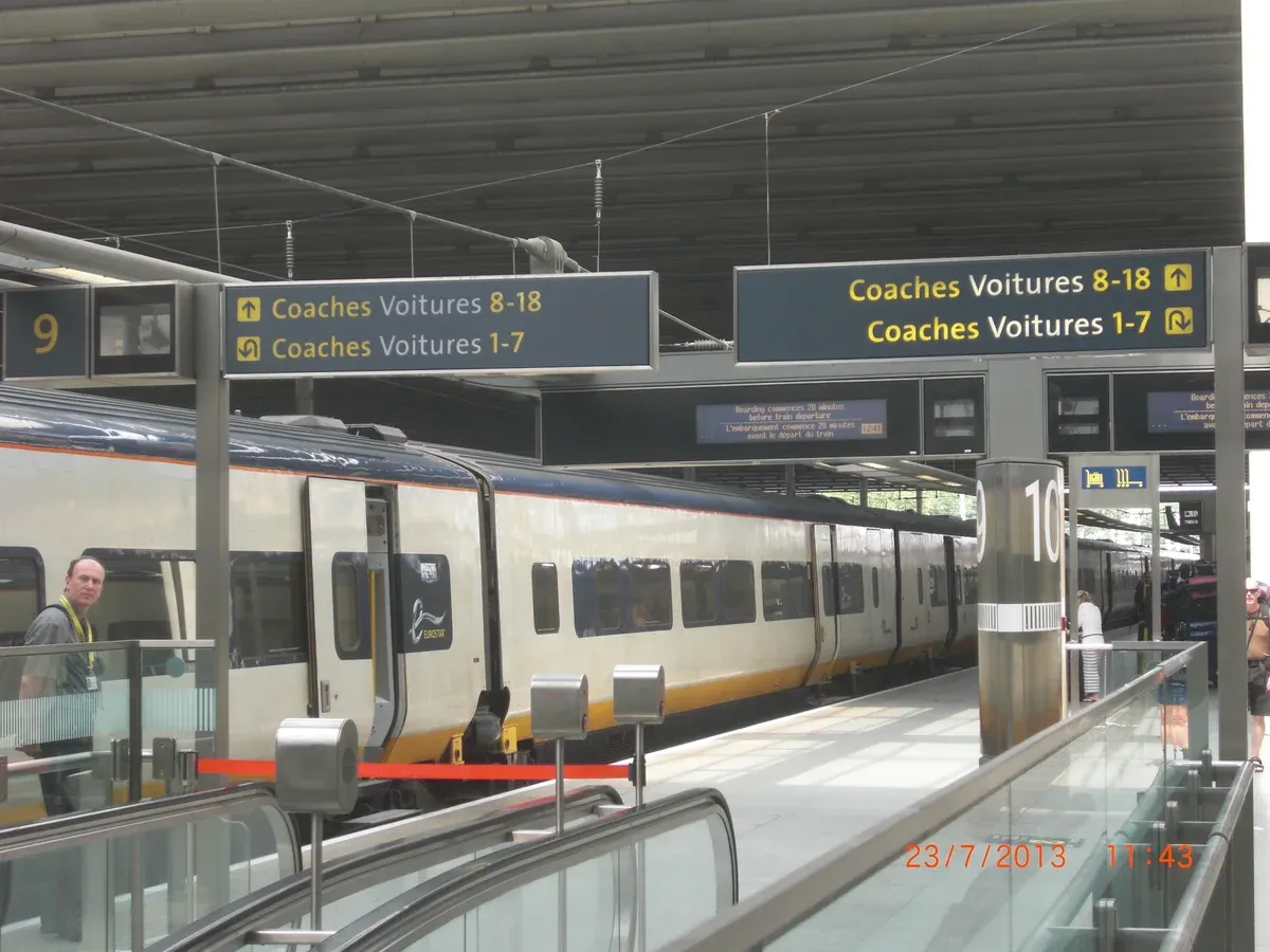 Eurostar train at a St Pancras International platform at the start of a Paris day trip from London by train
